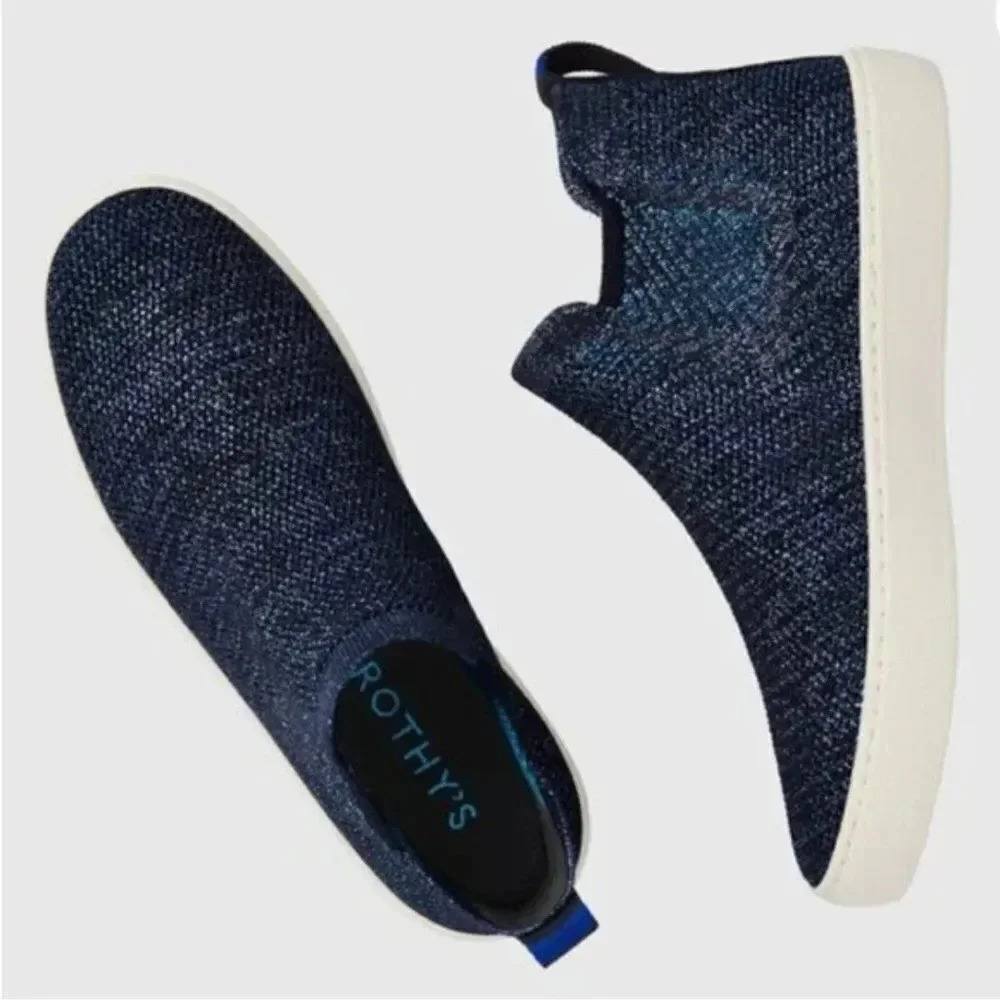 Rothys Chelsea Sneaker Shoes High Top Metallic Lattice Stitch Blue Size 5.5